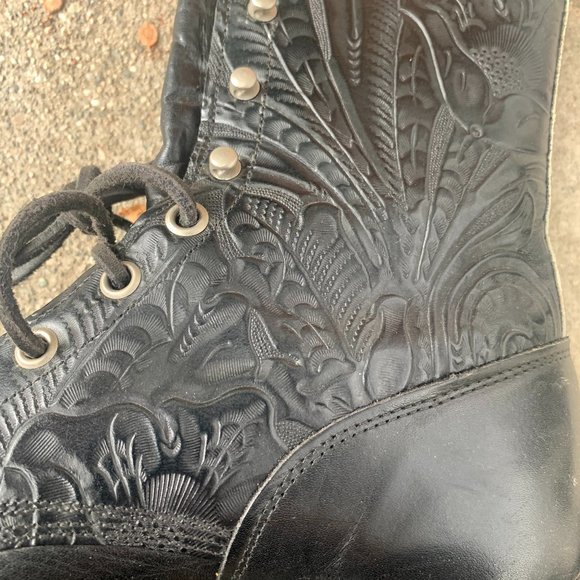 Larry Mahan lace-up tooled leather boots 6M black - Picture 5 of 9